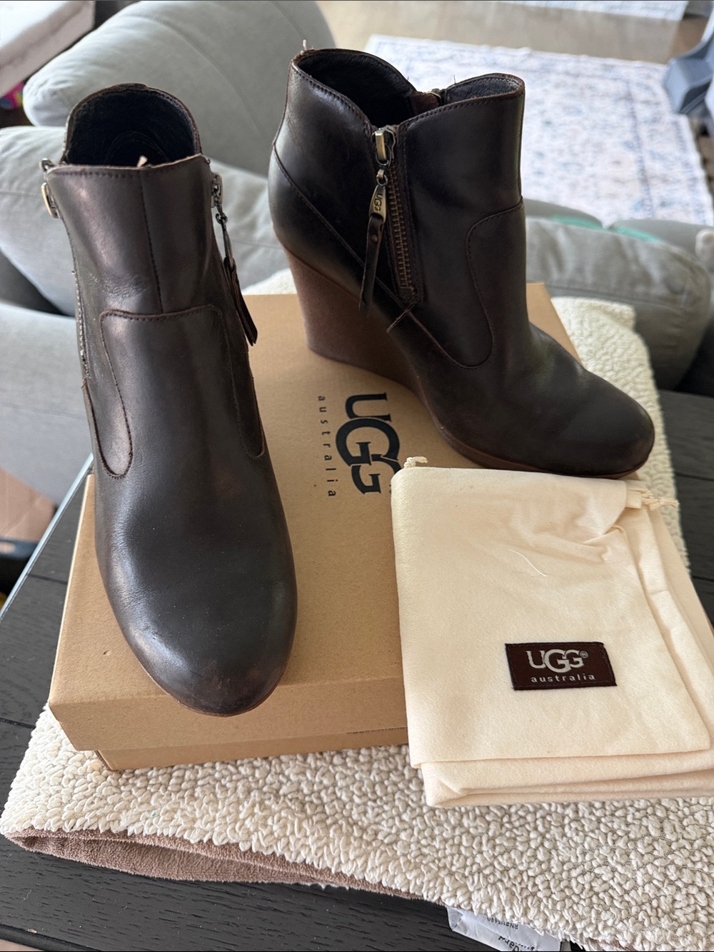 UGG Dark Brown Leather Wedge Ankle Boots